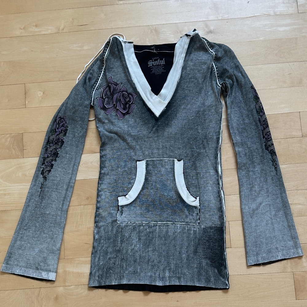 Sinful Gray Long Sleeve Top with Purple Accents